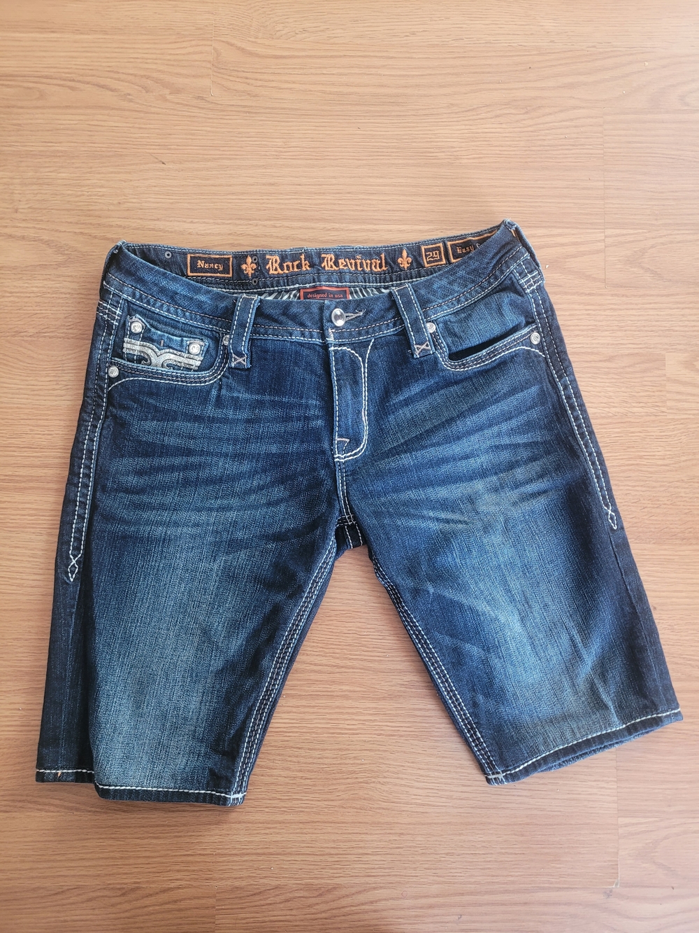Rock Revival Dark Wash Denim Shorts Rock Edgy Embellished Heavy Stitching